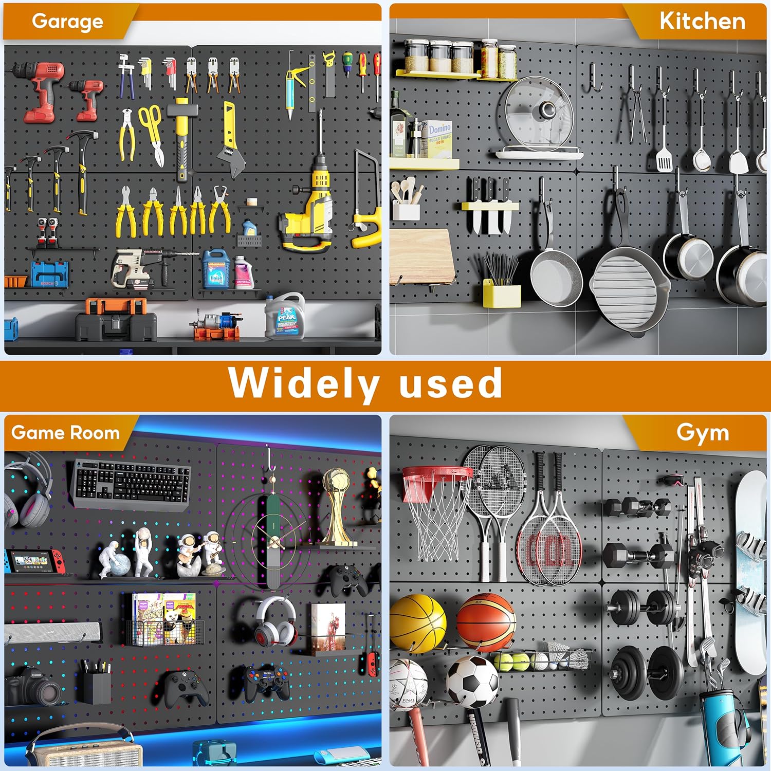 Peg Board, 84pcs Metal Pegboard Kit, Includes 4 Pack 24''X12'' Large Black Peg Board with Accessories and Hook Locks, Heavy Duty Peg Boards for Walls Home, Garage Tool Storage, Workbench