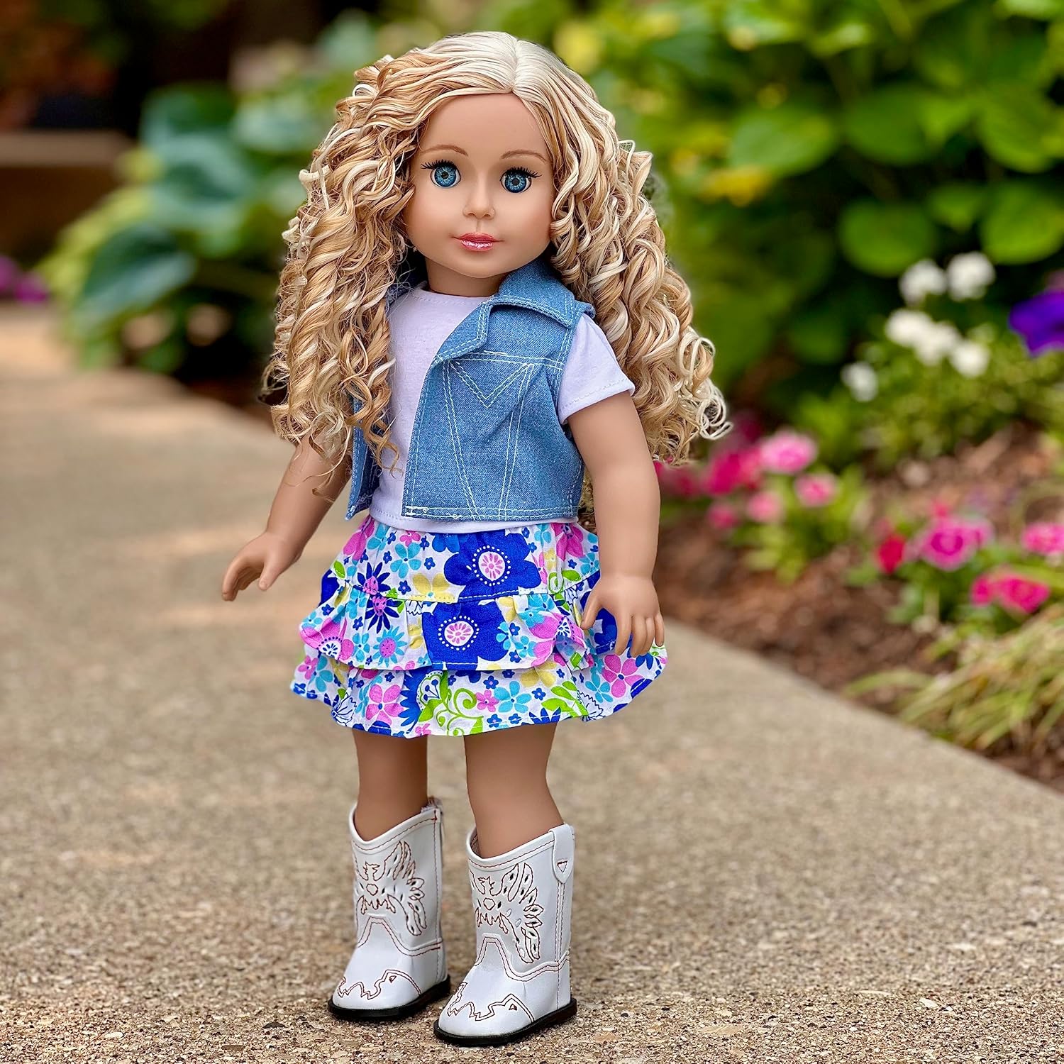 Feeling Happy - 4 Piece Outfit - Skirt, White T-Shirt, Blue Jeans Vest and White Cowgirl Boots - Clothes Fits 18 Inch Doll (Doll Not Included)