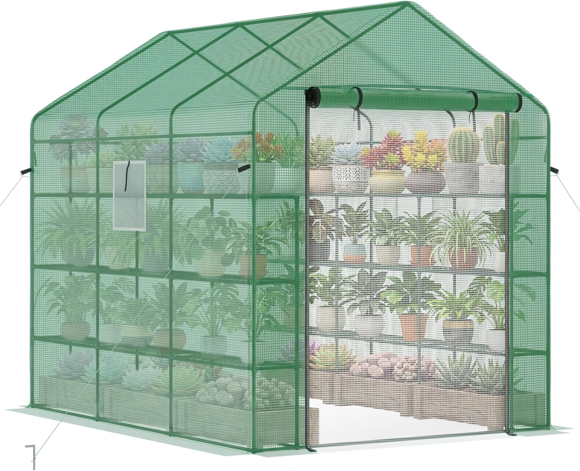 Outsunny 8' x 6' x 7' Walk-in Greenhouse, PE Cover, 4-Tier Shelves, Steel Frame Hot House, Roll-Up Zipper Door for Flowers, Vegetables, Saplings, Tropical Plants, Green