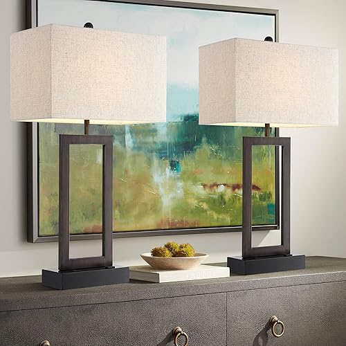 360 Lighting Todd Modern Table Lamps Set of 2 with USB and AC Power Outlet in Base 30" Tall Bronze Metal Oatmeal Fabric Rectangular Shade for Bedroom Living Room Bedside Nightstand House