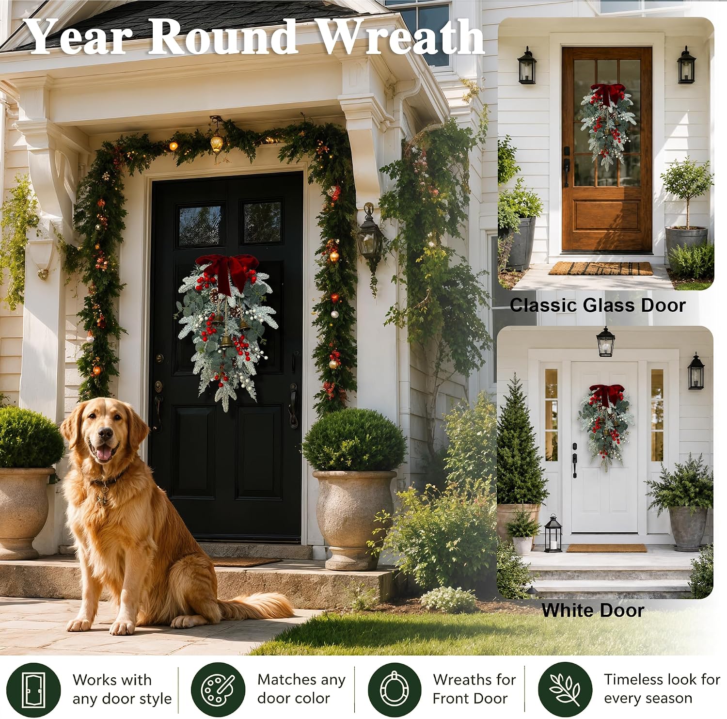 24 Inch Christmas Door Swag, Pre-Decorated Greenery for Front Door