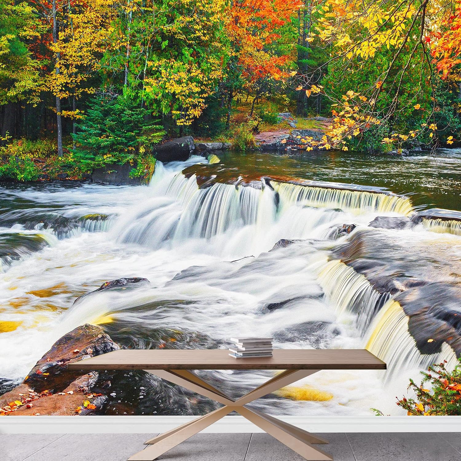 Dense Forest Modern 3D Photo Wall Mural, Rapid River Peel and Stick Self-Adhesive Wallpaper, Removable Wall Decor Sticker for Living Room Bedroom TV Background 157''Wx110''L-PVC