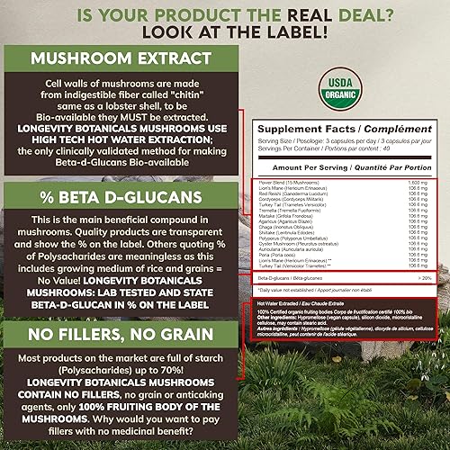 Miniatura 7 de Longevity Botanicals Power 15 Cápsulas de mezcla de hongos (90) Melena de león, cola de pavo, Reishi, Chaga, Cordyceps, Maitake, Tremella y más