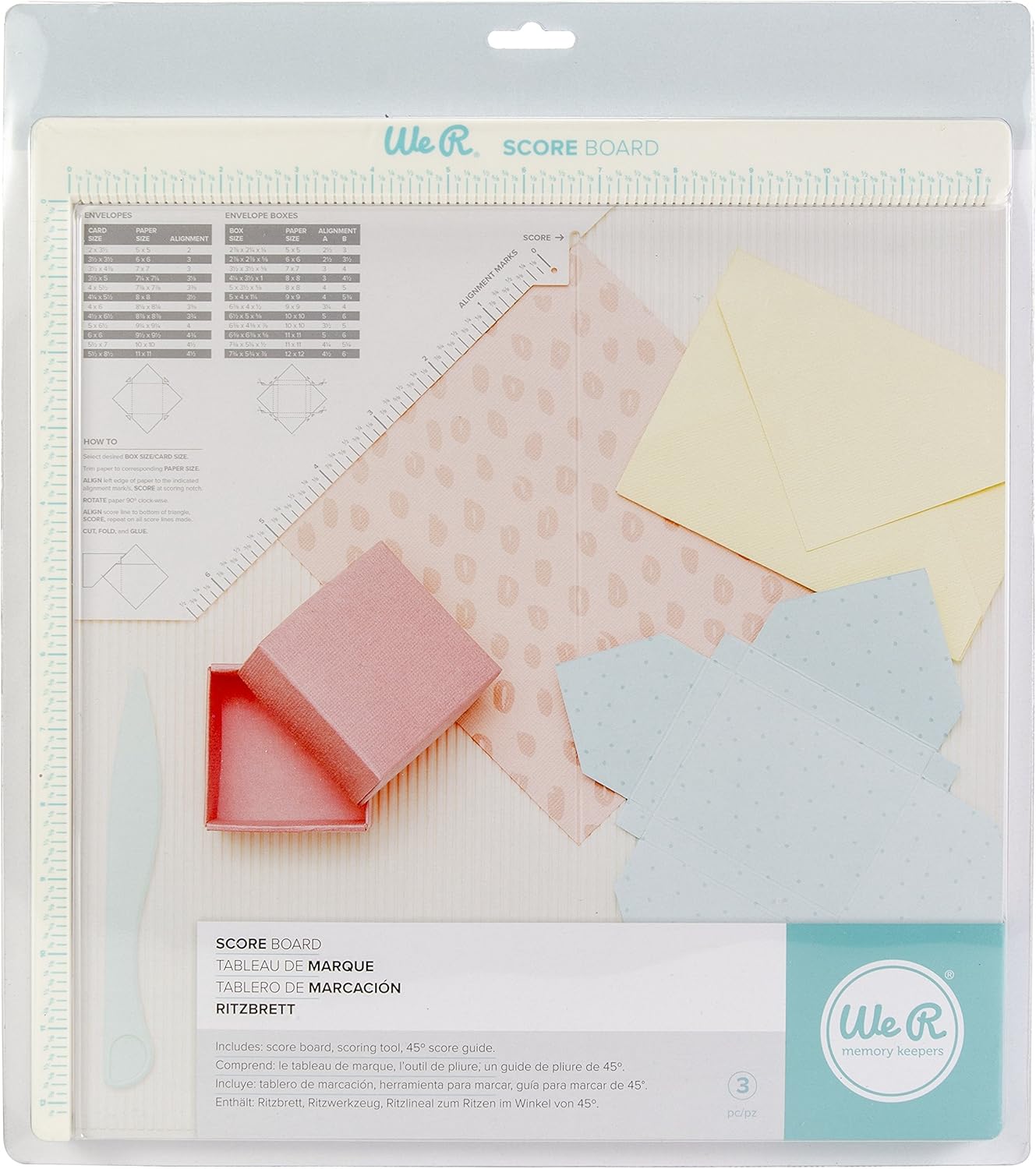We R Memory Keepers Score Board - Includes 12x12 Inch Board, Scoring Tool, and Guide - Cuts Envelopes & Boxes for Paper Crafting, Sturdy Locking, Precise Blades, with Storage Compartment