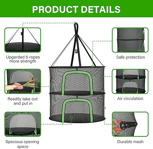 Miniatura 8 de iPower Red de secado plegable de malla para hierbas de 2 pies y 6 capas con cremalleras, anillo resistente para plantas hidropónicas, bolsa de