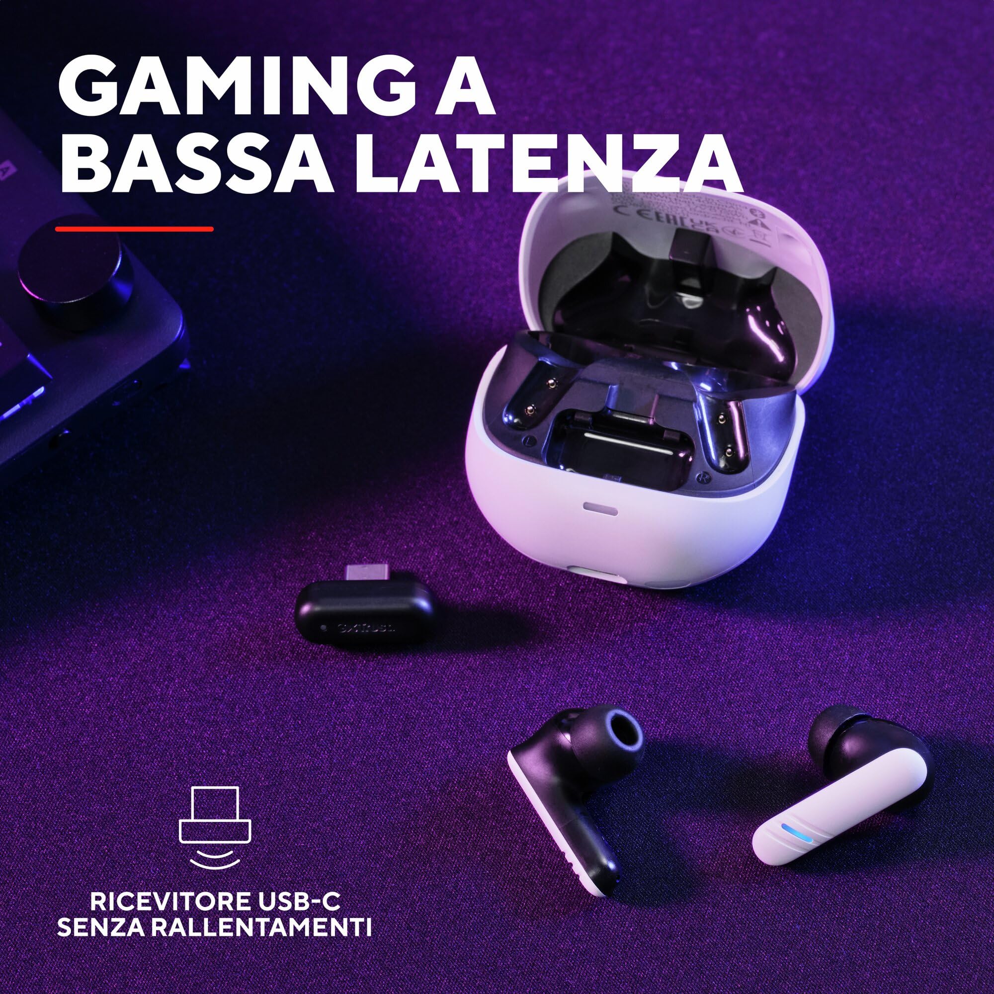 GXTrust 409 Oxxie In Ear Cuffie Bluetooth Gaming PS5 Switch PC Mobile, Auricolari Bluetooth o Ricevitore USB-C 2,4 Ghz Bassa Latenza, 4 microfoni ENC, 25 Ore di Autonomia, Earphones Wireless, Bianco