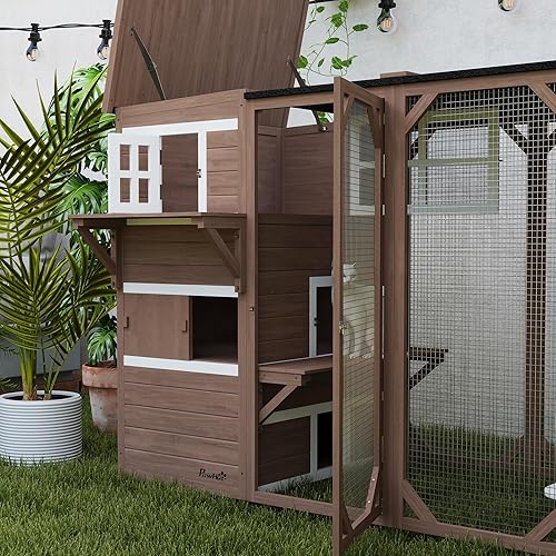 Miniatura 8 de PawHut Casa para gatos al aire libre, catio de madera con techo de asfalto, plataformas, condominio de descanso de 3 niveles, puertas con cerradura,