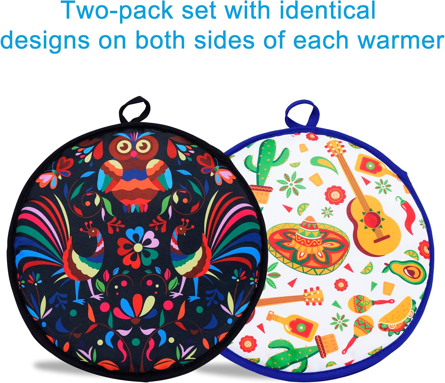 Eichzer 12 Inch Tortilla Warmer 2Pcs, Insulated Cloth Pouch for Tortillas, Tacos, Naan, and Pizza Rolls, Microwavable Fabric Bag Keeps Food Warm for One Hour (Lucky Birds Mexican Style)