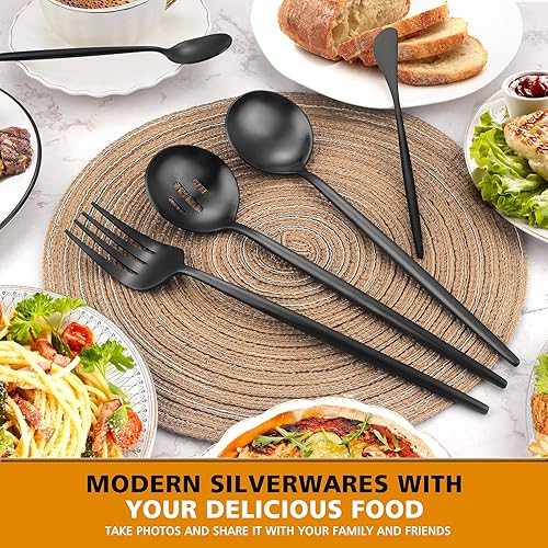 Miniatura 5 de Juego de utensilios de servir de anfitriona negro mate, juego de utensilios de acero inoxidable con acabado satinado con cuchara grande, tenedor