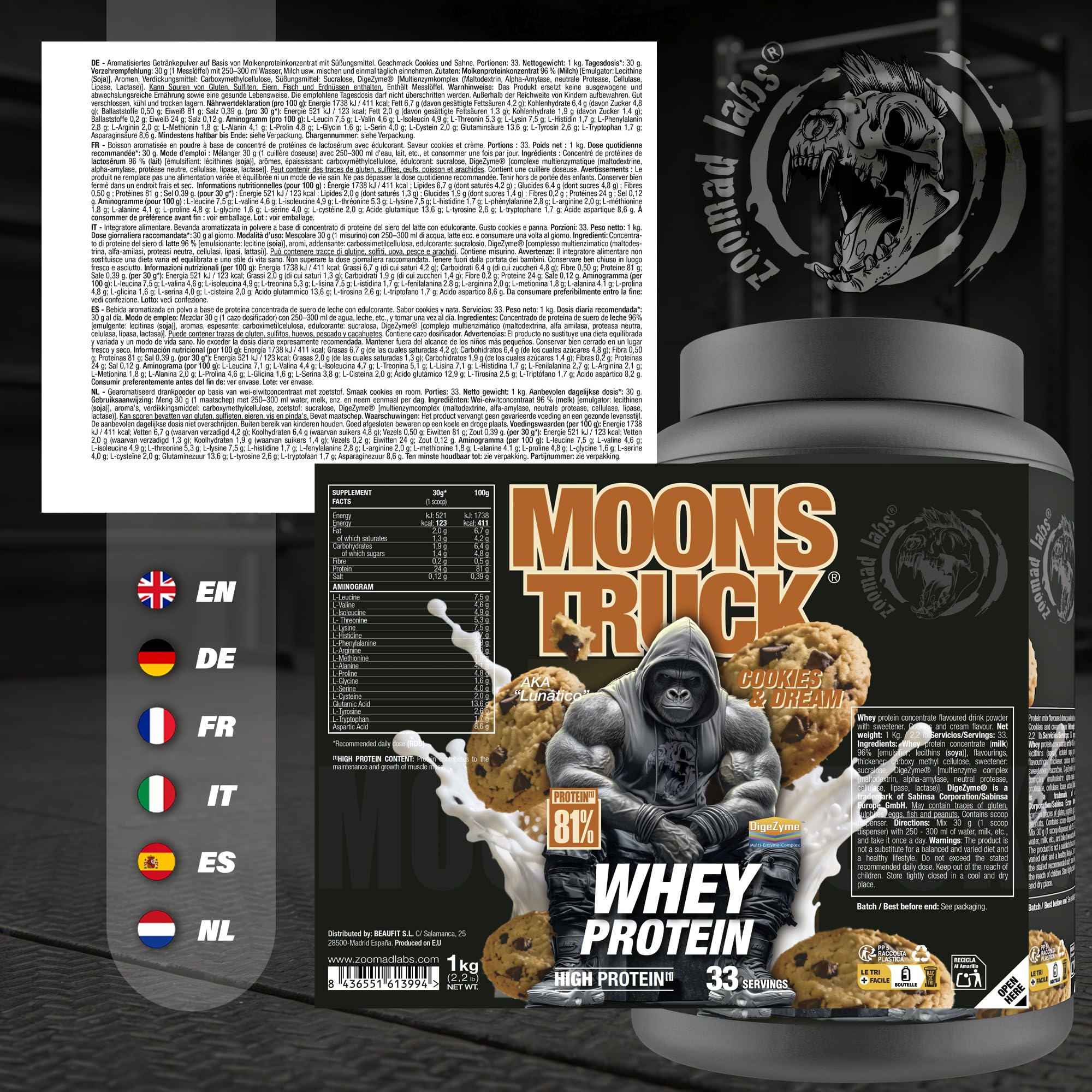 Zoomad Labs MOONSTRUCK Whey Protein con DigeZyme® – Proteína de Suero en Polvo 78% Pureza, 23 g por Servicio, Whey para Masa Muscular y Recuperación – Bote 3D Coleccionable - Cookies and dream, 1kg