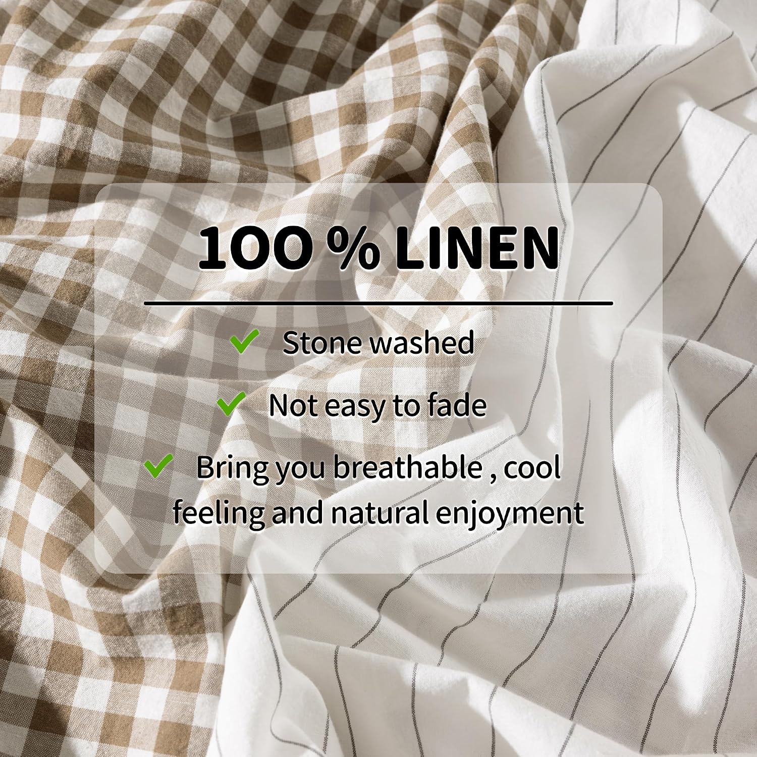  100% French Organic Linen Sheet Set 4Pcs, 16" Deep Pocket Cal King | Pure Linen Bed Sheet, Natural Flax, Soft Breathable Sheets for Hot Sleepers, Durable, and Cozy for All Seasons, Plaid thumbnail