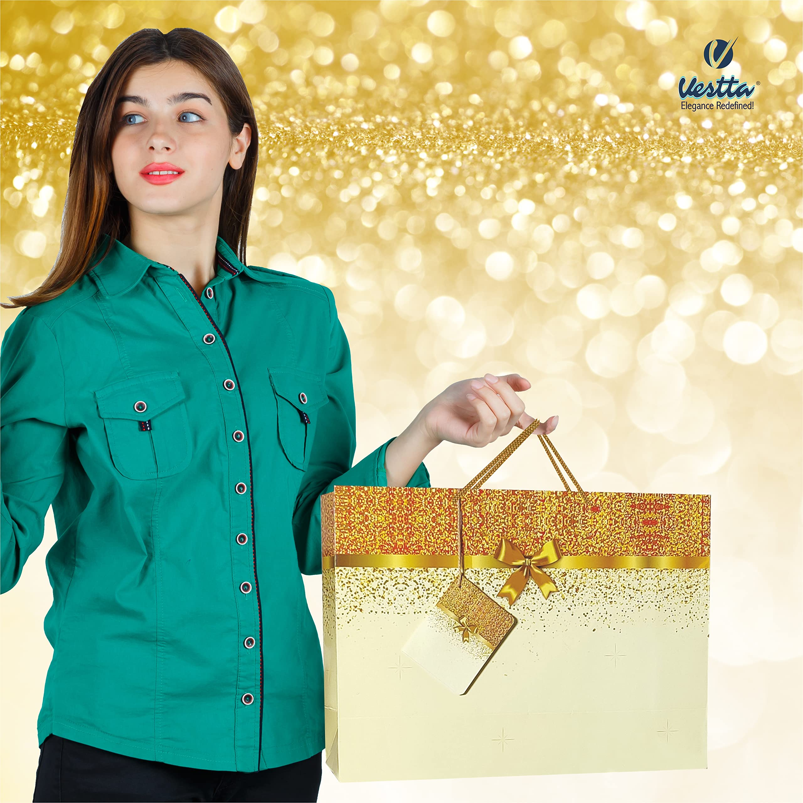 VESTTA -ELEGANCE REDEFINED Gifts Paper Bags, Glitter With Golden Bow, Gloss Finish, 14 (L) X 4.5 (B) X 10(H) Inches, Pack Of 10, Weddings, Diwali, Birthdays, Christmas With Gift Tags (Off-White) 4