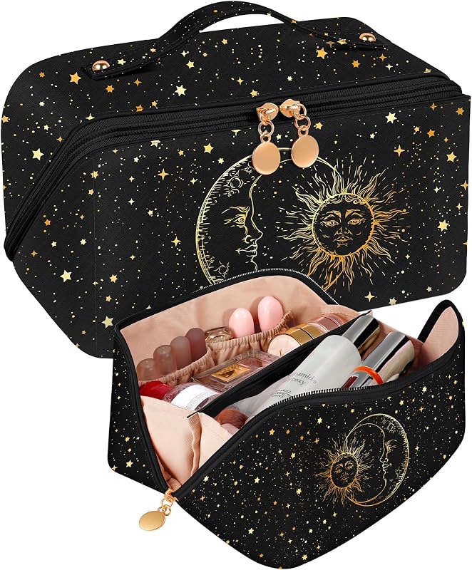Necessaire de maquiagem Bistup dobrável com zíper, 5 compartimentos, estampa 4-Sun and Moon, couro, 1 unidade