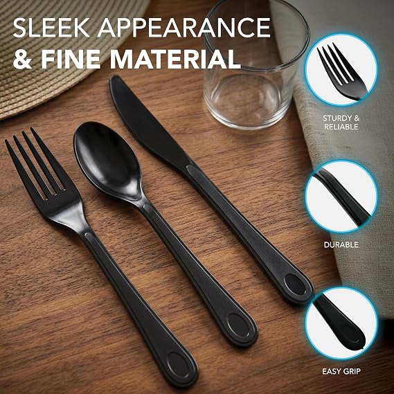 Party Essentials Extra Heavy Duty Hard Plastic Cutlery Combo Pack, Full Size Knives/Forks/Spoons, Black, 48-Pieces/ 16-Place Settings (N1224BK-2)