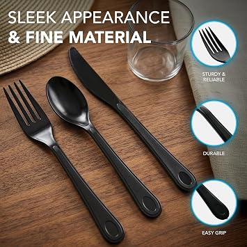 Party Essentials Extra Heavy Duty Hard Plastic Cutlery Combo Pack, Full Size Knives/Forks/Spoons, Black, 48-Pieces/ 16-Place Settings (N1224BK-2)