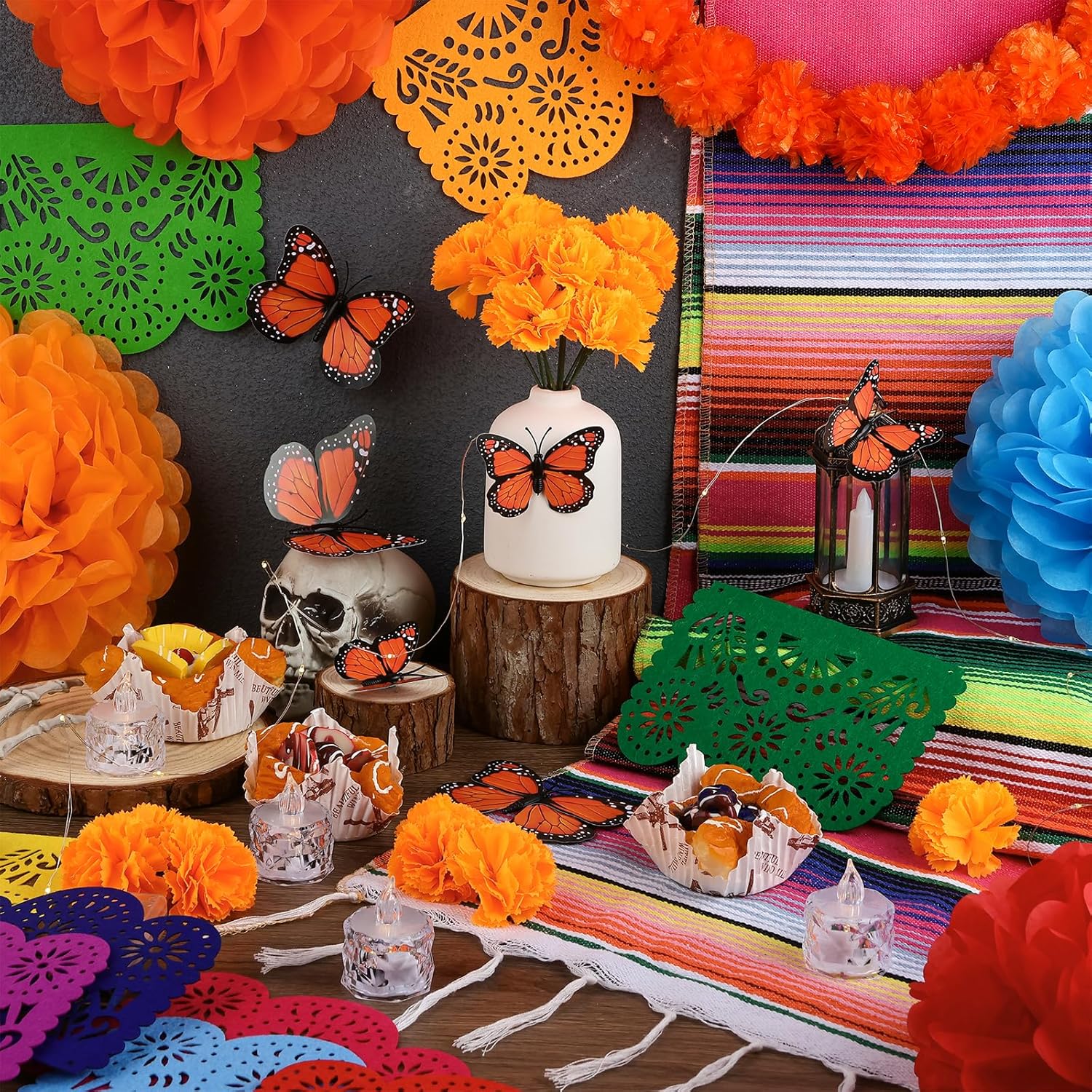 87 Pcs Day of The Dead Decorations, Dia De Los Muertos Decor 50 Marigold Flowers,Marigold Garlands,Mexican Party Banner,Table Runner,8 Paper Flowers,24 Monarch Butterflies Altar Decor for Diwali Party