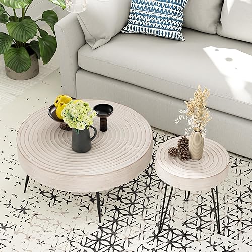 Miniatura 29 de COZAYH Juego de mesa auxiliar redonda anidable de 2 piezas, parte superior de madera natural con patas de metal negro, patrón radial, acento rústico