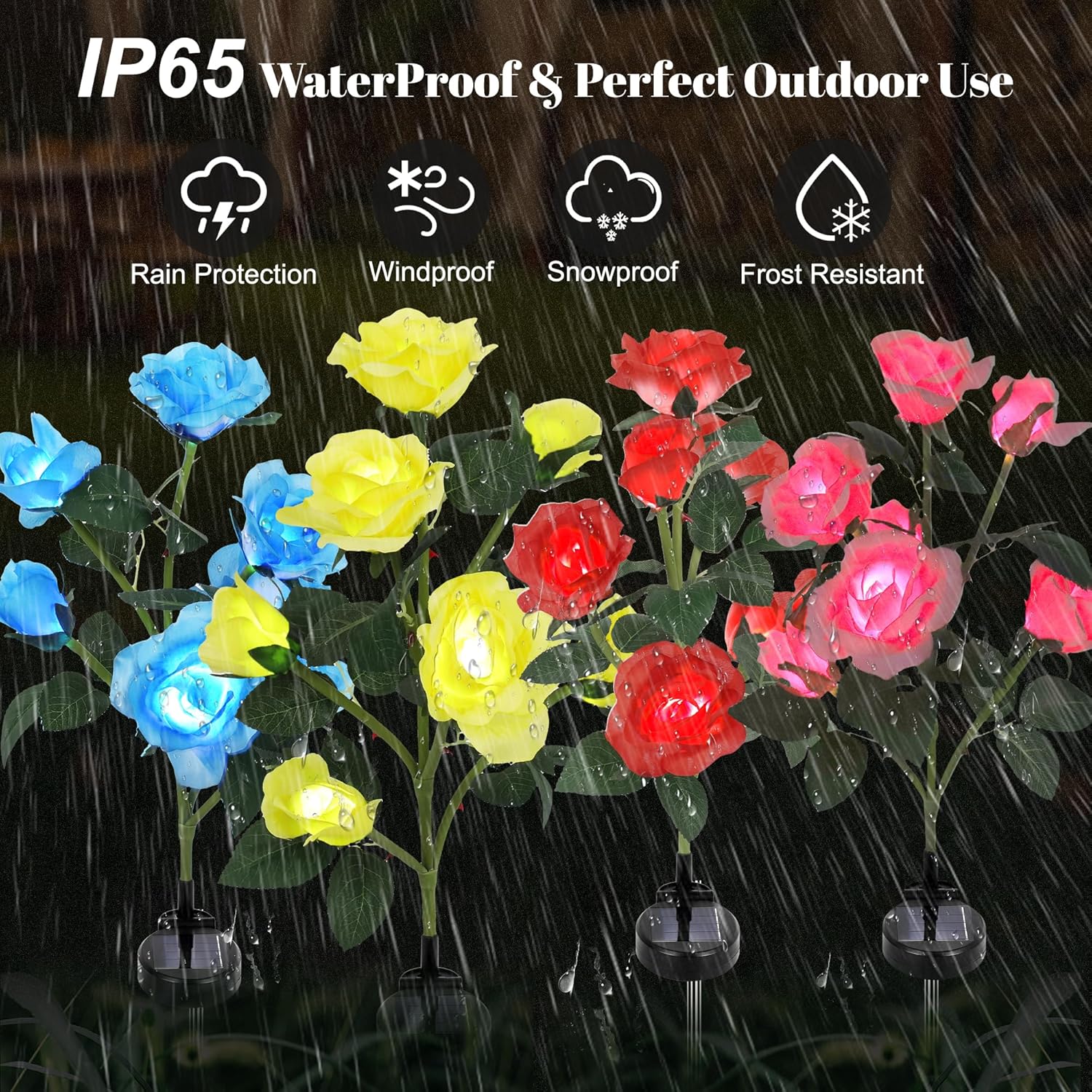 Solar Rose Lights Outdoor, 4 Pack with 28 Rose Flowers Waterproof Color Changing LED Flower Lights, Solar Powered Garden Stakes for Yard, Patio, Pathway Decor - Artificial Floral Decorative Lighting