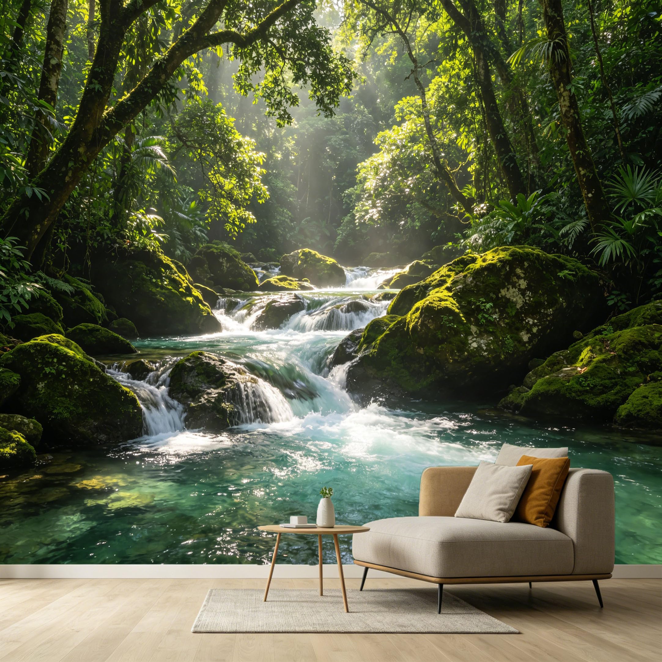 Custom Size Wall Murals Tropical Rainforest Stream Landscape Oil Painting Sunlight Mossy Stones SelfAdhesive Wall Fabric Removable Large Wallpaper for Photo Living Room