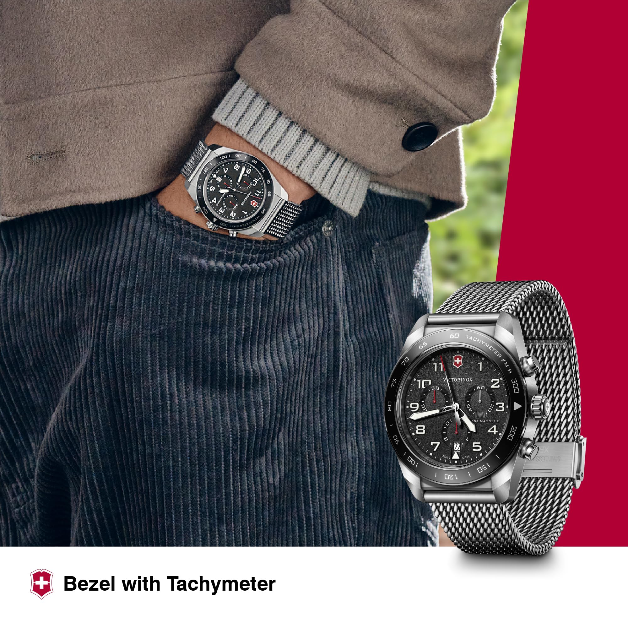 Victorinox Swiss Army Chronograph Black Dial Mesh Stainless Steel Watch 42mm - 242048