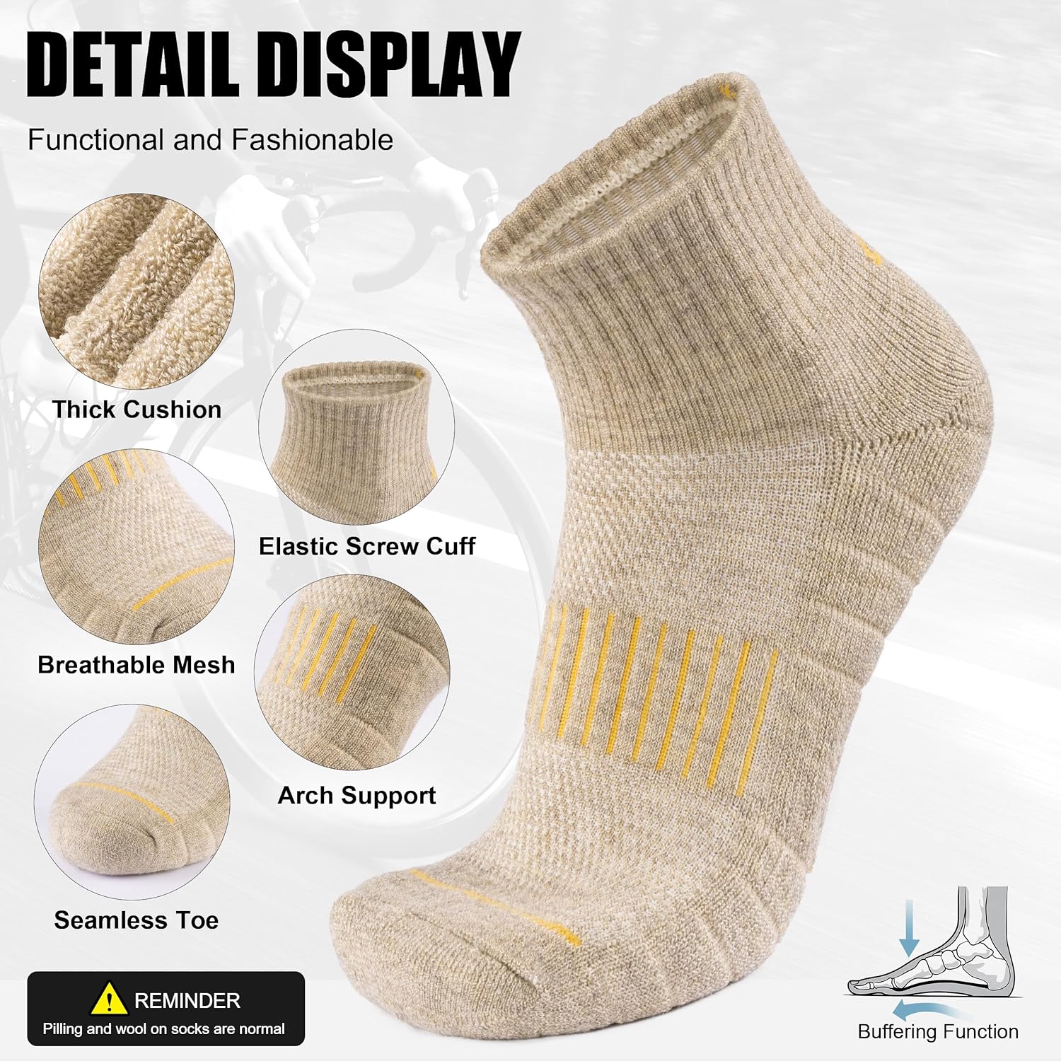 Lapulas Merino Wool Quarter Socks for Men Women, Hiking Running, Cushioned Compression Support, Thermal Thick, 5 Pairs