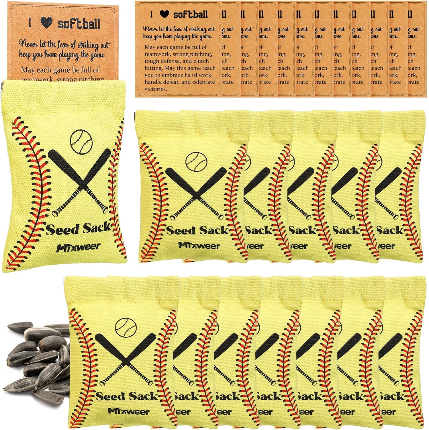Mixweer 12 Sets Seed Pouch Bags with Message Gift Card Baseball Snack Bags Softball Seed Pouch for Players Team Gift for Field Team Party Favors