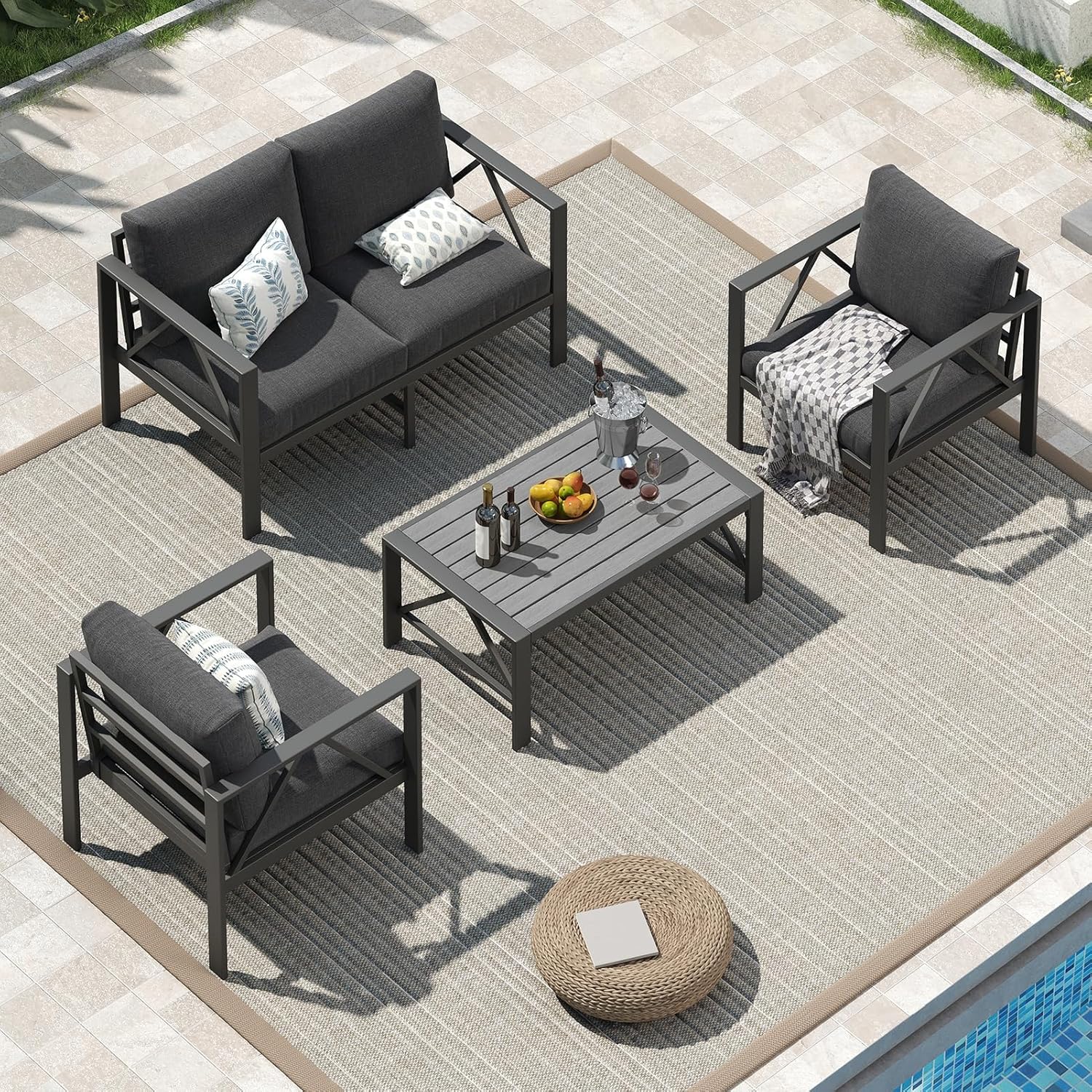 OMERAI Aluminium Patio Furniture Set 4 Seater with Waterproof Cover, 4 Piece Modern Outdoor Conversation Set with Coffee Table, Thick Washable Cushions for Garden, Balcony, Deck & Backyard, Dark Grey