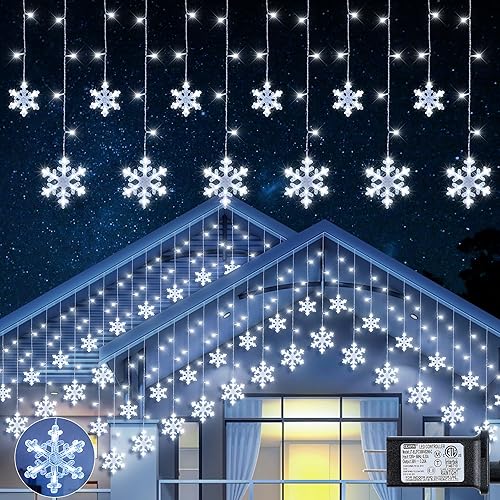 Christmas Snowflake Icicle Lights,6.5ft 144LED Curtain Lights Outdoor with 12 Drops, 8 Modes Waterproof Connectable Fairy Light for Eaves, Garden,
