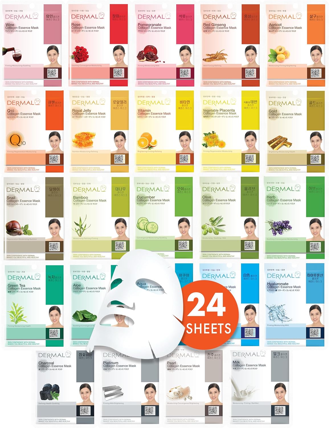 DERMAL 24 Combo Pack Collagen Essence Full Face Facial Mask Sheet – Sensitive Soothing, Nourishing Cleansing Korean Face Mask – Natural Skincare Spa Facial Mask Set for Women, Men