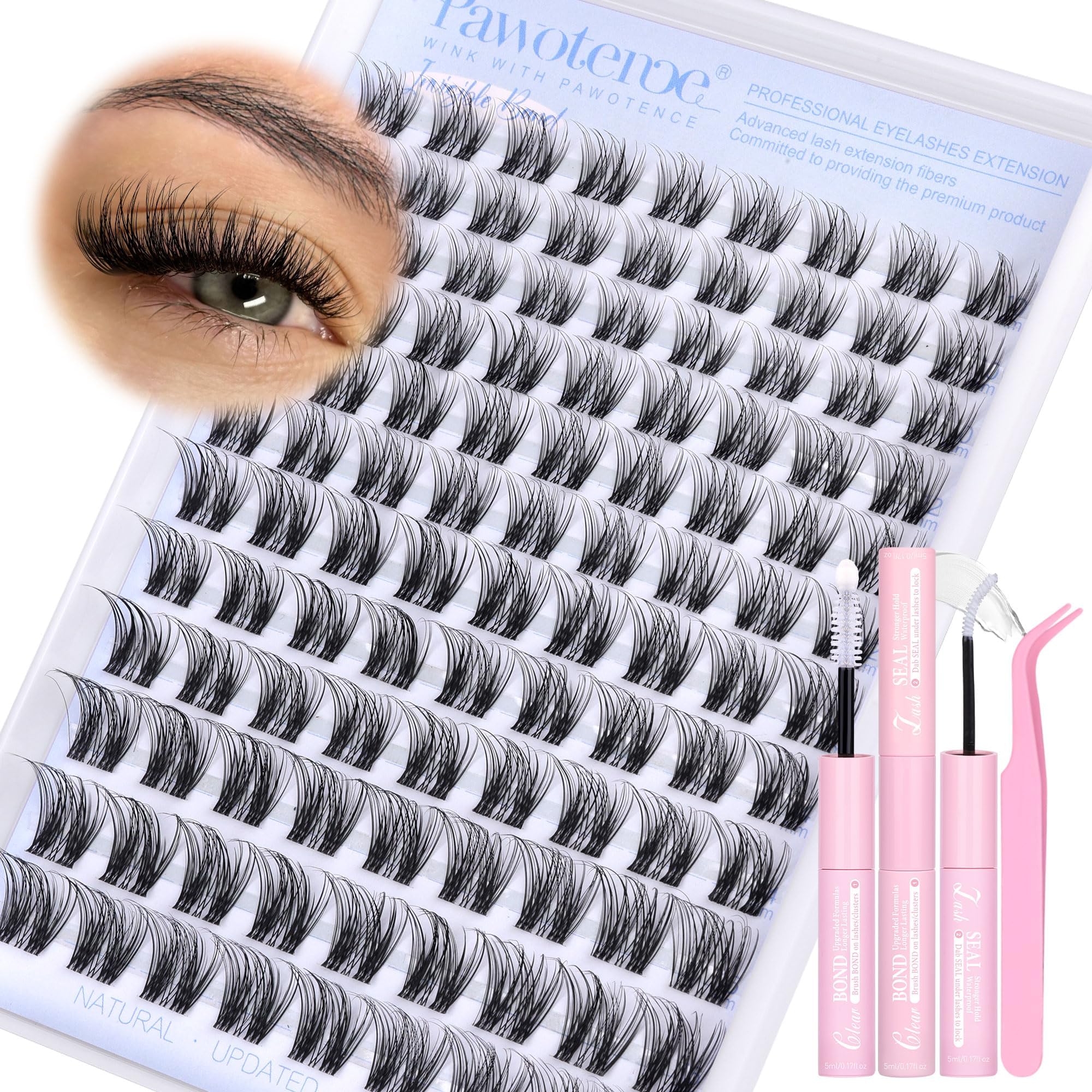 Pawotence Lash Clusters Kit Wispy Clear Band Lash Extension Kit 10-16mm Cluster Eyelash Extensions Kit Individual Lashes Wipsy Eyelash Clusters with Clear Lash Bond and Seal, Lash Tweezers