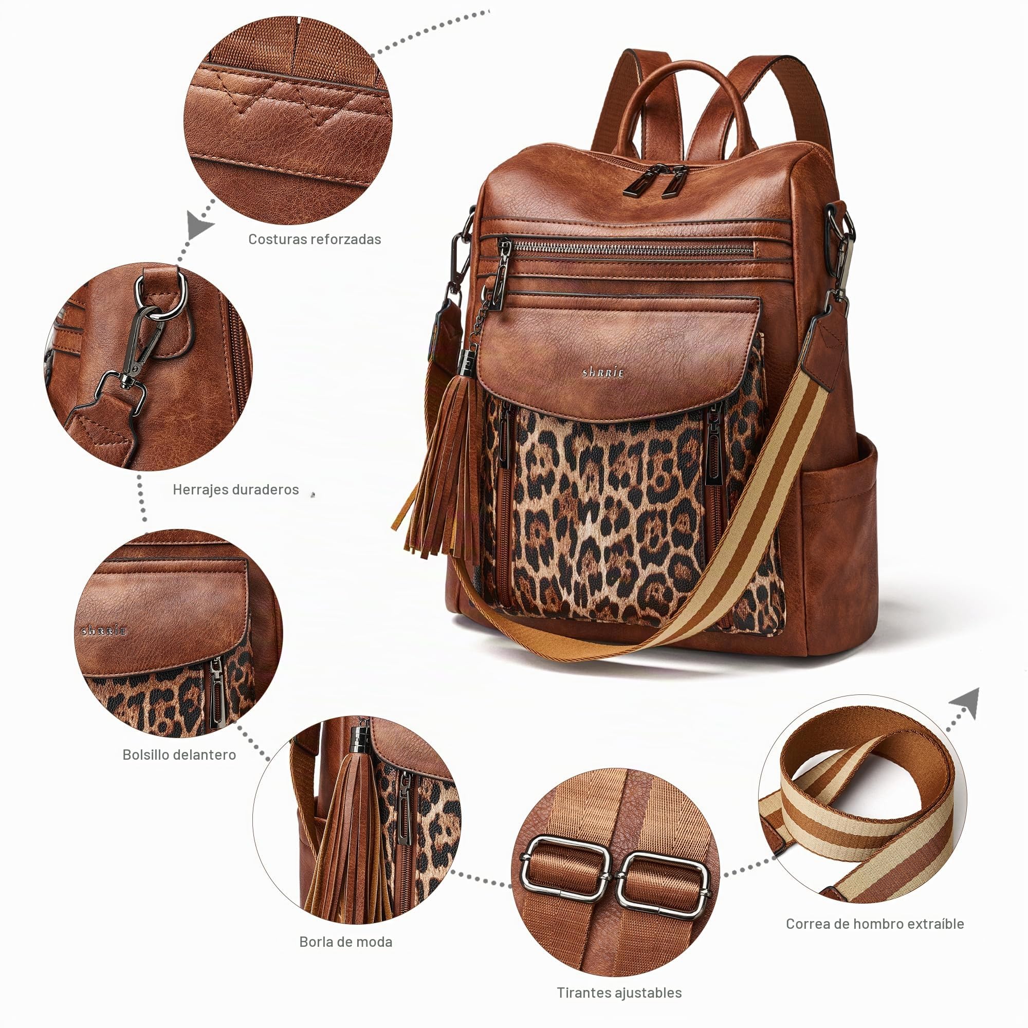 Shrrie Mochila de cuero de moda para mujeres,Con correas y billeteras individuales，Para compras diarias，Mochilas de viaje Cuero PU