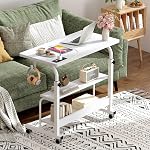 SogesHome 31.5 Inch Adjustable Mobile Standing Desk with Charging Station, Rolling Small Computer Desk, Portable Laptop Desk with Storage Shelves and Wheels for Home Office (White)