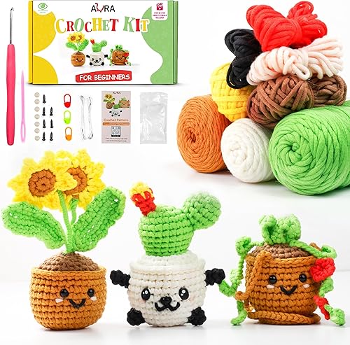 A-URA Kit de aprendizaje 3 en 1 para principiantes, niños y adultos, patrón de girasol, cactus panda, plantas colgantes para principiantes, kits de