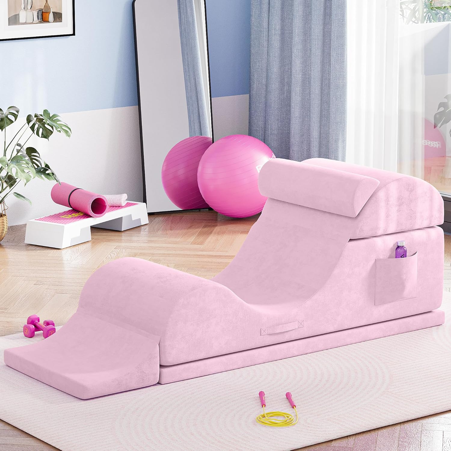 Convertible Yoga Chair for Adults, Ergonomic Foam Lounge with Lumbar Pillow, Washable Cover, Side Pocket, No Assembly Needed – Great for Exercise, Stretching & Relaxation (Light Pink, 21-inch)