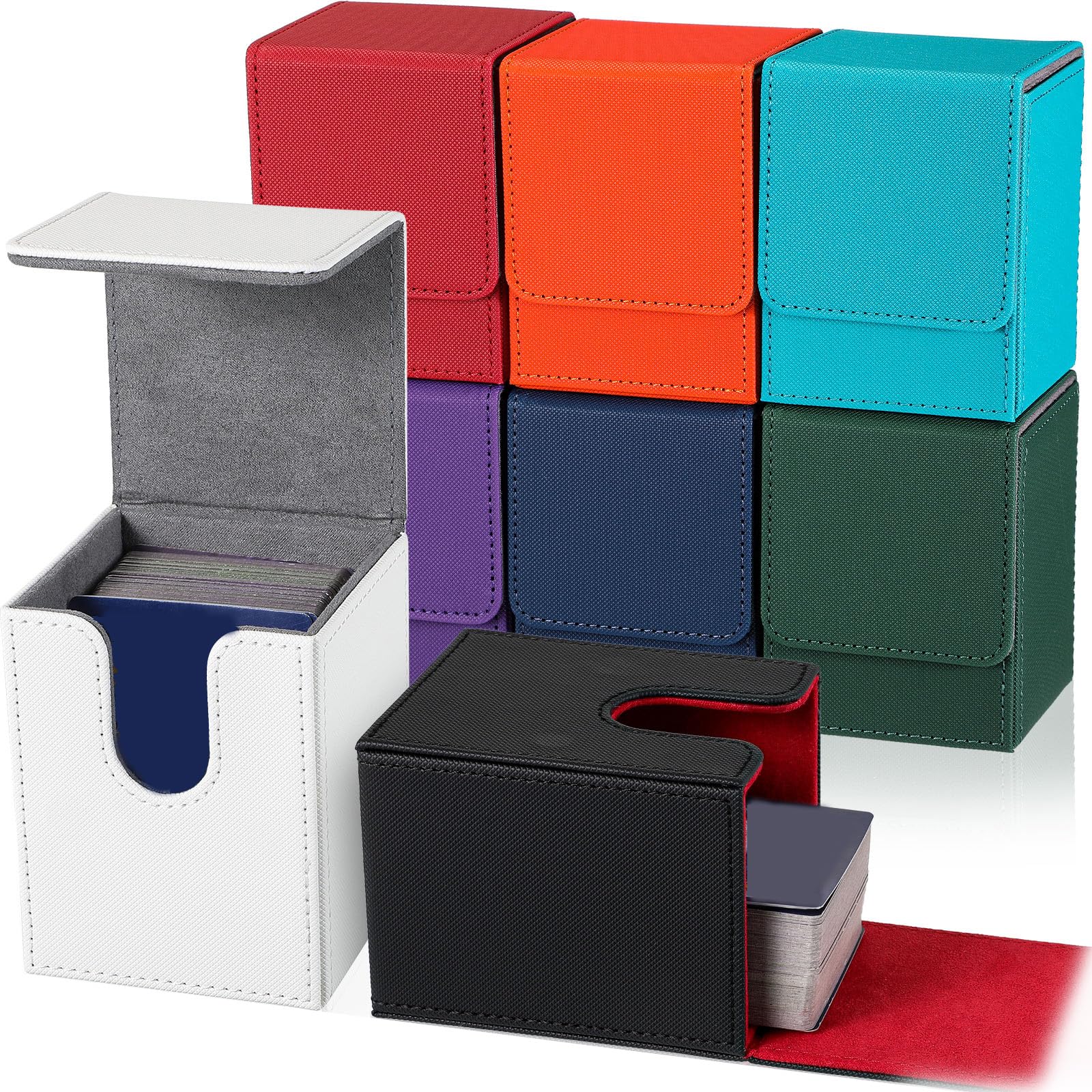 Vicenpal 8 Pack Card Deck Case Bulk, Sleeved Leather Card Boxes, Magnetic Card Game Box with Sleeves for 100 Plus Playing Cards Box Compatible with MTG/TCG, 8 Colors (Vertical Style)
