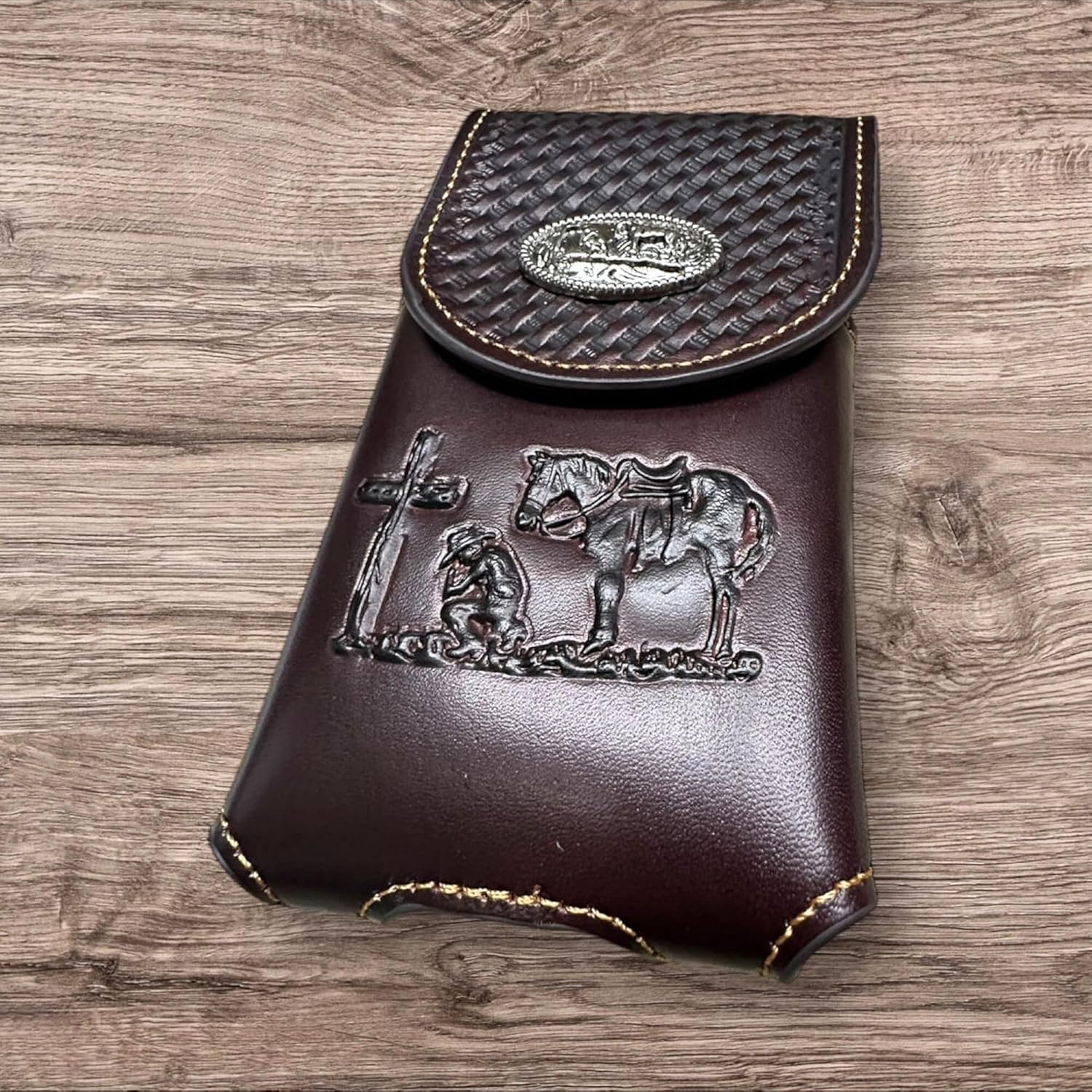 Cowboy Prayer Leather Holster Cross Phone Pouch Coffee Brown Western Leather Craft with Metal Concho Handmade by Egifthome USA Item# EH12707, Size 7" Lx4 W x 1" H