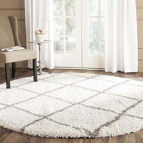 SAFAVIEH Hudson Shag Collection SGH281A Modern Diamond Trellis Non-Shedding Living Room Bedroom Dining Room Entryway Plush 2-inch Thick Area Rug, 8' x 8' Round, Ivory / Grey