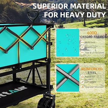 Uyittour Foldable 50''L Extra Long Double Decker Wagon for Sport, 400L Collapsible Heavy Duty Wagon Cart with Big Wheels, Utility All-Terrain Large Extender Cart for Outdoors, Light Blue