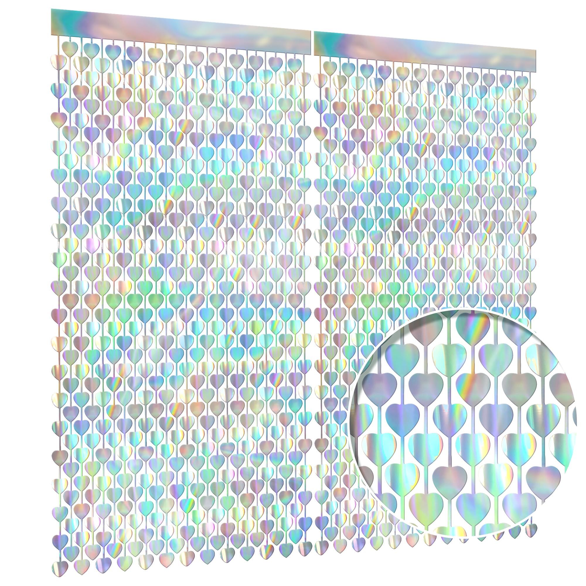 2 Pack Iridescent Party Streamers Backdrop, Heart Foil Holographic Fringe Curtain, 3.3x6.6ft Tinsel for Photo Booth Prop, Birthday, Baby Shower,