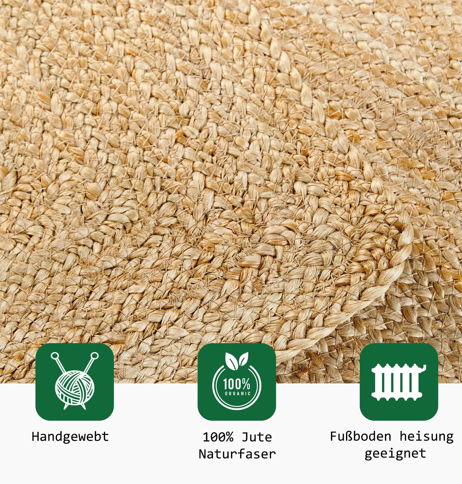 Tapis rond en jute tissé à la main 100 % fibre naturelle - Motif bohème ethnique moderne - Couleur naturelle - Pour salon, chambre à coucher, couloir (250 cm) - EKR-J101