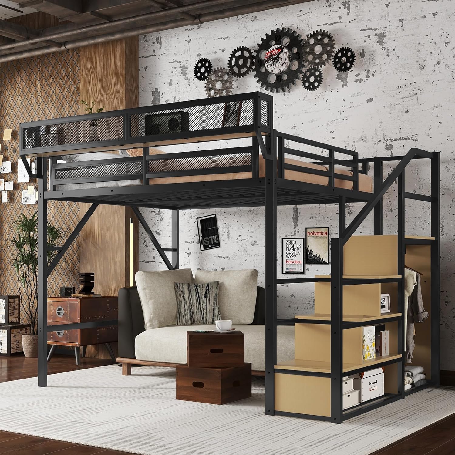 Queen Size Loft Bed with Stairs, Metal Loft Beds, High Loft Bed Frame with Storage Shelves, Lofted Queen Bed with Wardrobe for Adults and Teens, No Box Spring Needed (Black+Natural)