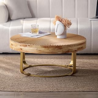 GDFStudio 31.5" Modern Round Coffee Table with Carved Wood Top, Pine and Fir Circle Tea Side Tables, Metal Leg Center Table for Living Room Bedroom Office Small Space, Easy Assembly, Natural+Gold