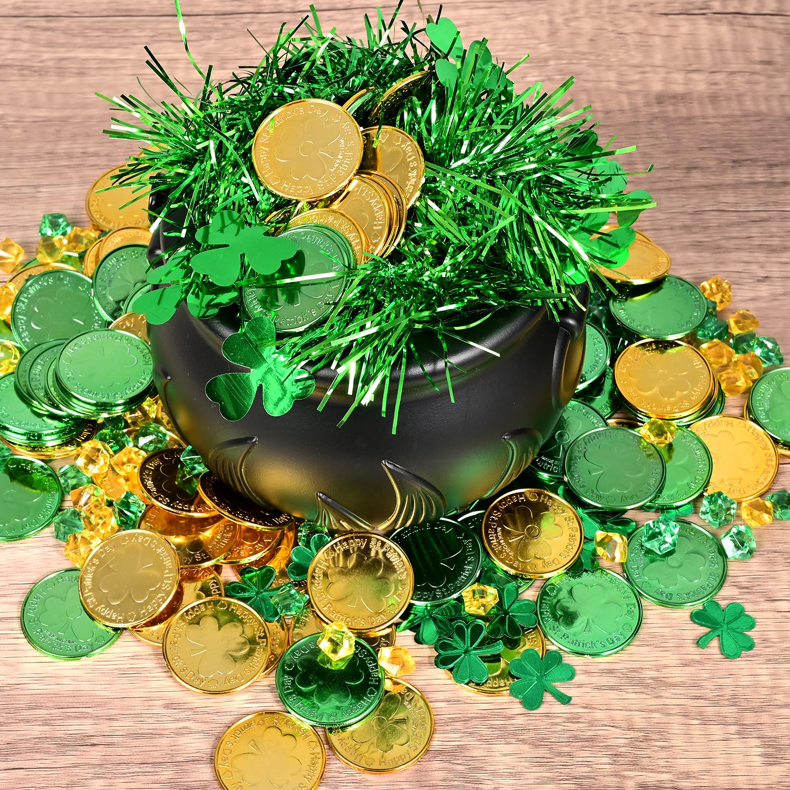 EnriQ 160 PCS St Patricks Day Gold Coins - Shamrock Gold Green Lucky Coins Plastic Leprechaun Coins 3-Leaf Clover Coin for St Patricks Day Decorations Party Favors - 4