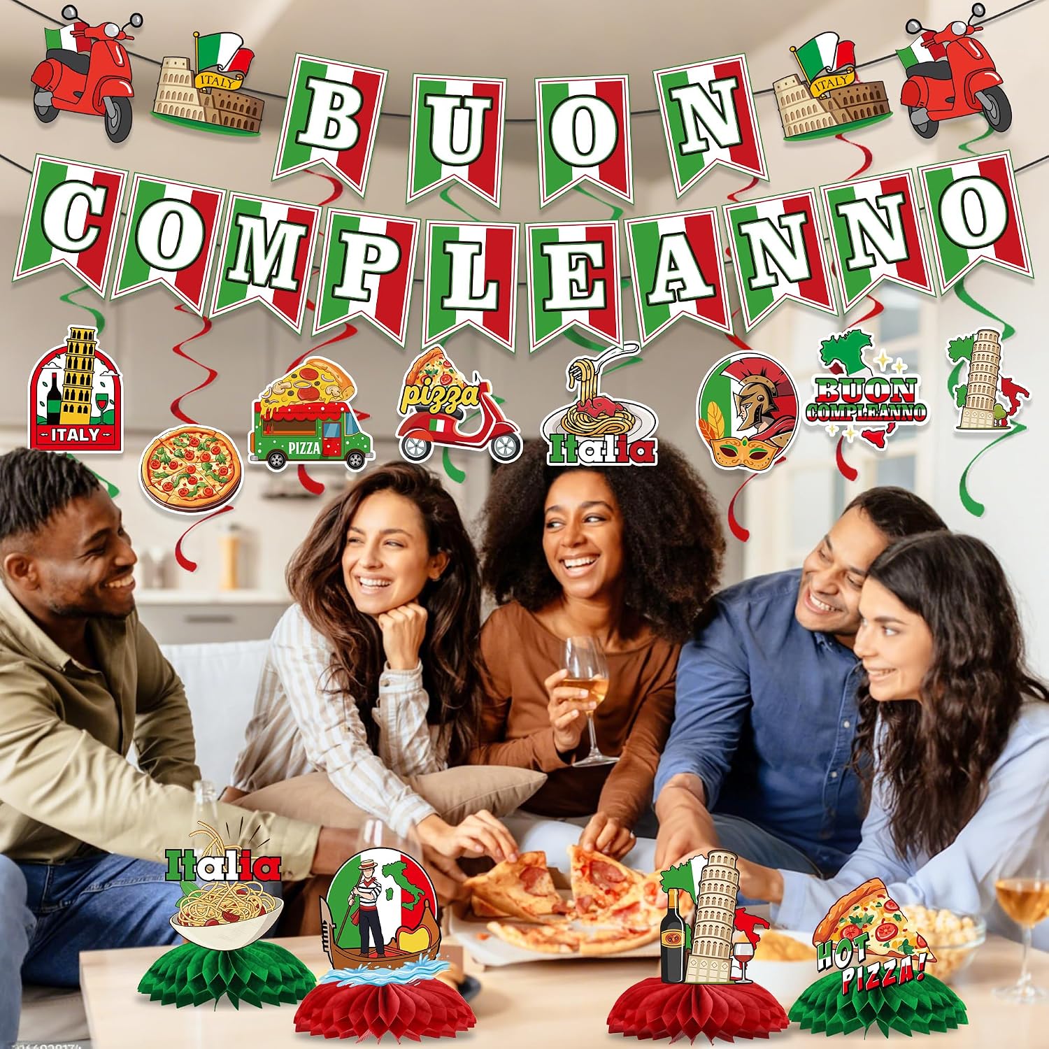 Italian Pizza Party Decorations Include Buon Compleanno Banners Hanging Swirls Honeycomb Centerpieces Italy Birthday Theme Party Supplies