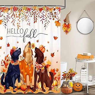 Miffrank Fall Shower Curtain Set Autumn Pumpkin Leaves Dog Shower Curtains Rustic Waterproof Fabric Bath Curtains with 12 Hooks for Fall Home Bathroom Decor, 72 x 72 Inches