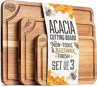 Cutting Boards for Kitchen (Set of 3) Beeswax Finished Acacia Wood Cutting Board, Mineral Oil Free Wooden Cutting Boards non Toxic with Juice Groove, Non-Slip Feet, Charcuterie Boards