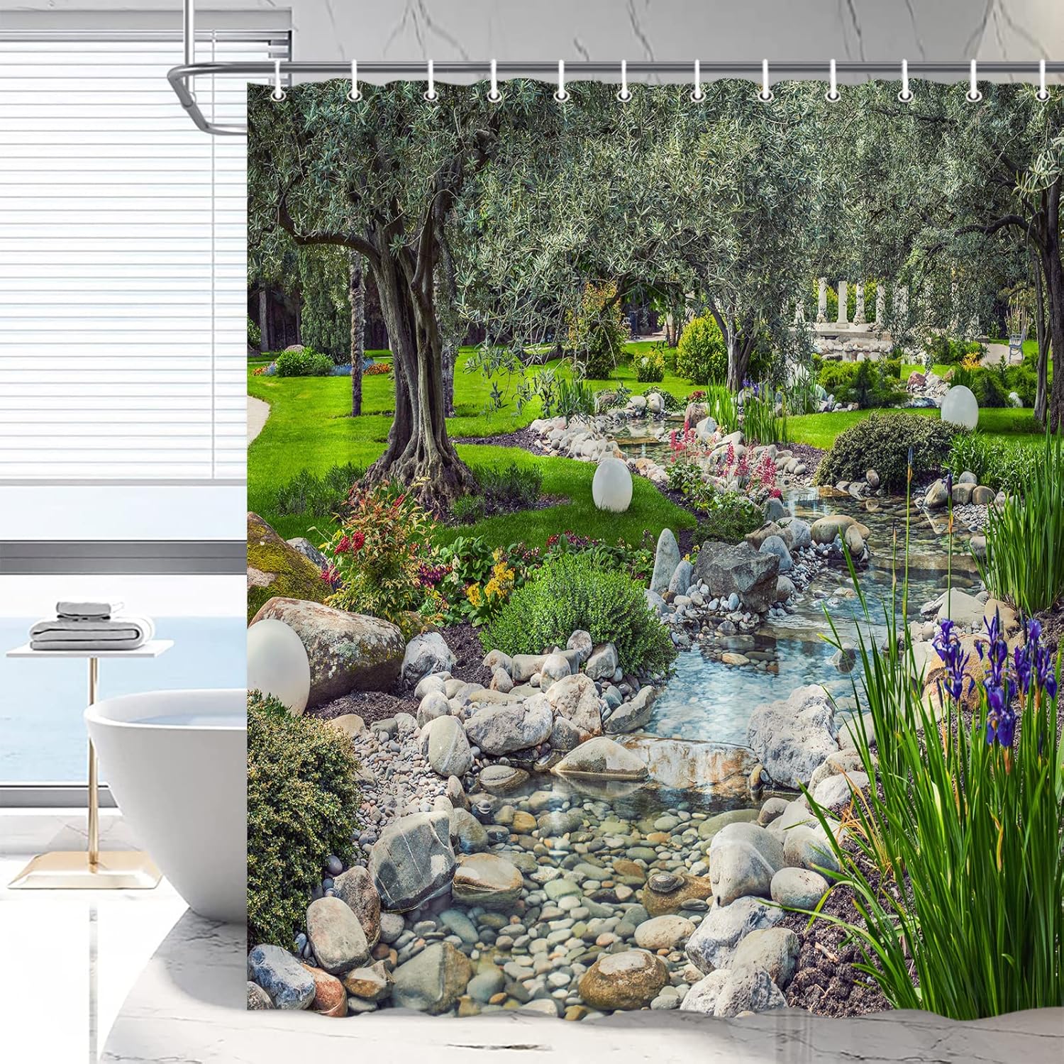 RDRUVA Garden Scenic Shower Curtain Colorful Flowers Green Landscape Bathroom
