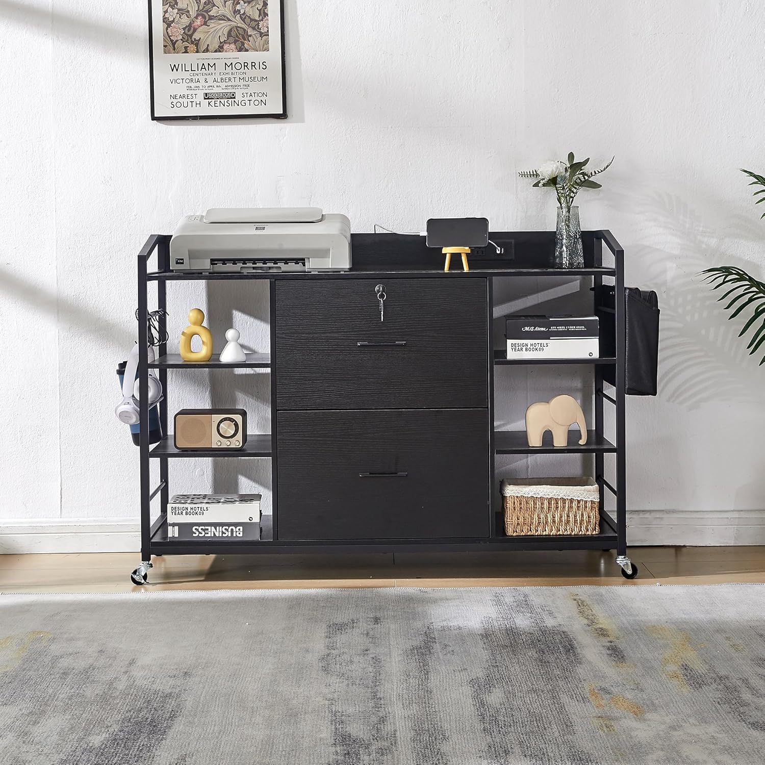 45" File Cabinet for Home Office, Mobile Office Storage Cabinet with Built-In Power Outlet, 2 Drawer Filing Cabinet with Lock, Shelves, Metal Hook, Storage Bag fits A4/Legal/Letter Size (Black)