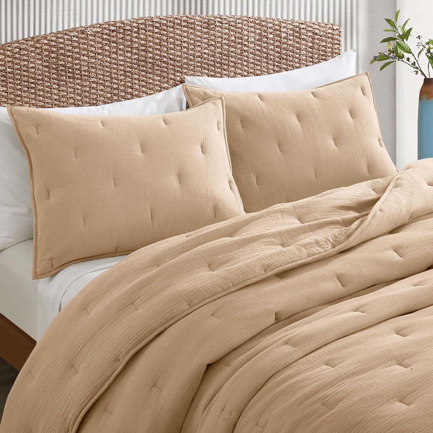 100% Cotton Muslin Gauze Comforter Set King, 1" Line Quilted, Dune Beige | Pre-washed linen-like comforter, 3 PCS lightweight quilt set, duvet insert with corner loops, coverlet bedspread, OEKO