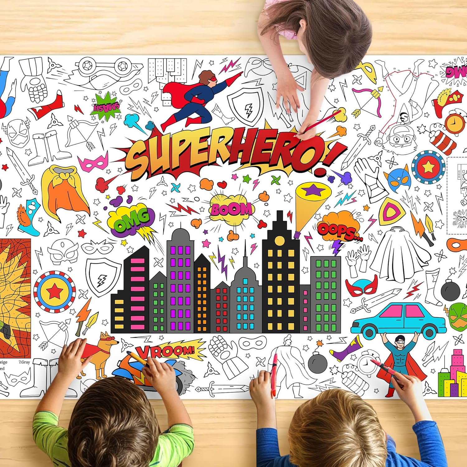 Superhero Coloring Tablecloth for Kids, Fun 30x72 Inch Poster with Capes, Masks, Comic Bursts, Perfect for Boy Birthday Party Games, Action-Themed Decorations, Event Supplies